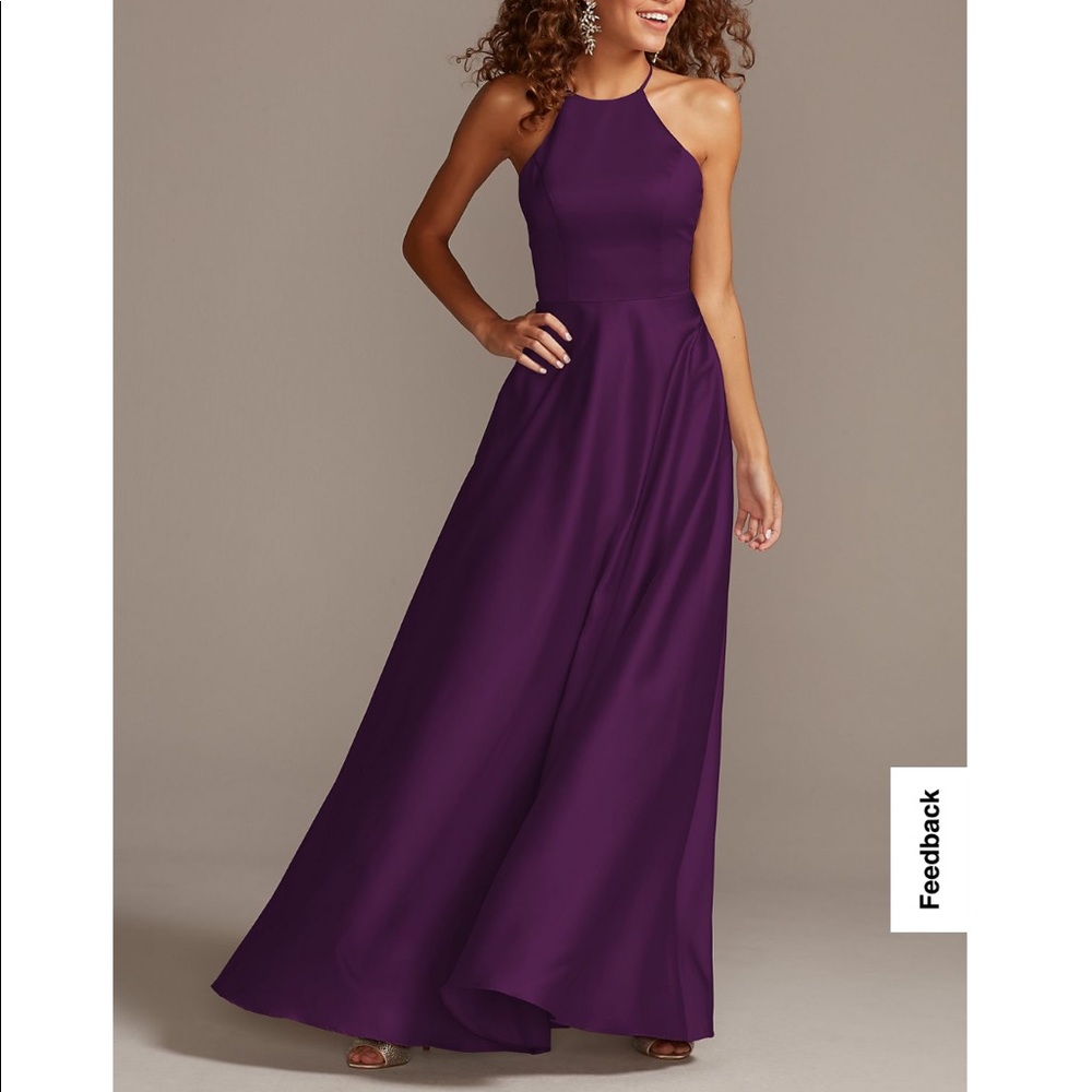Brand New!! High Neck Satin Plum A-Line Bridesmaid Dress, David’s Bridal Size 20